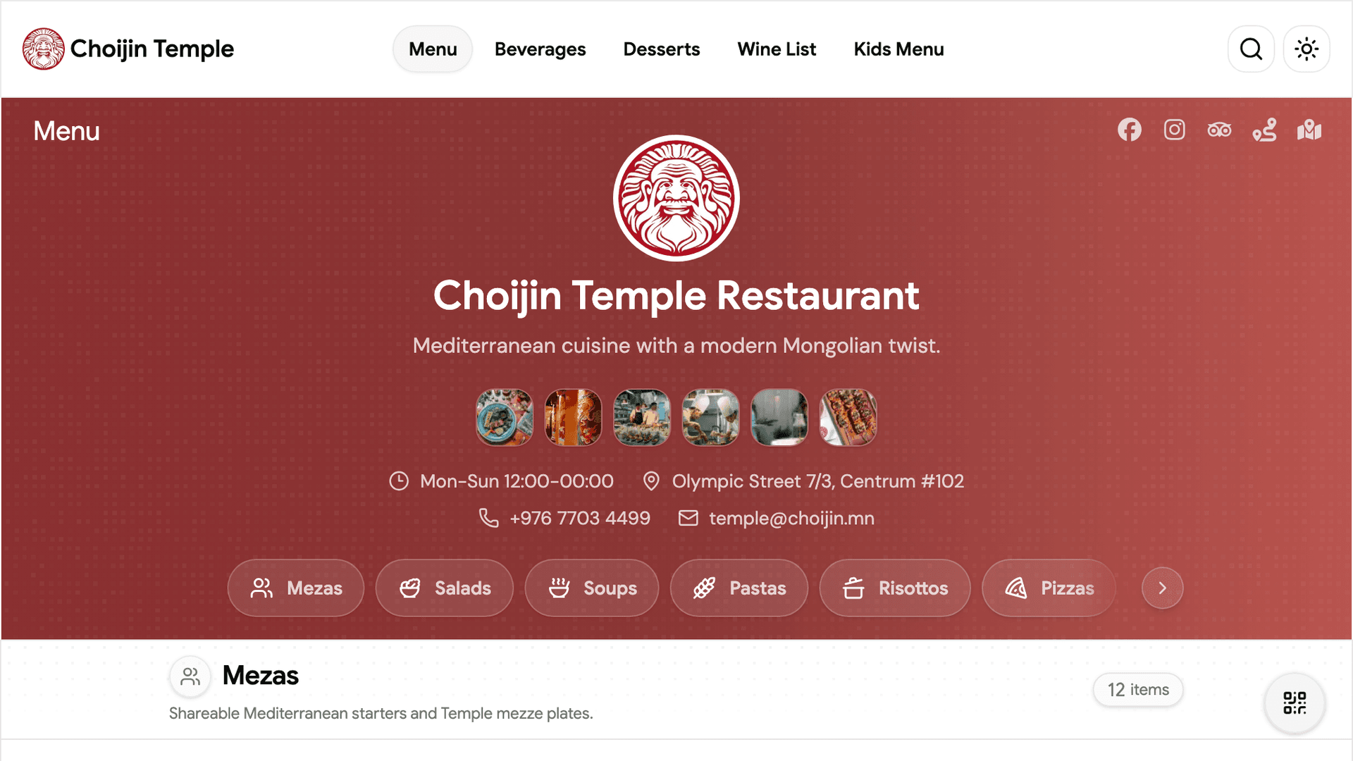 Choijin Temple restaurant menu showing categories and featured dishes
