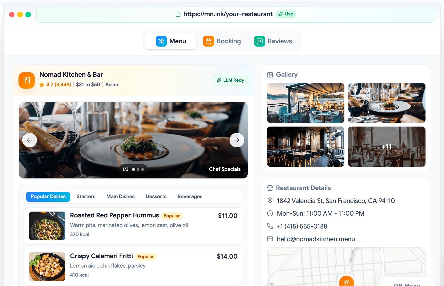 Preview of a digital restaurant menu with dishes, gallery, and restaurant details